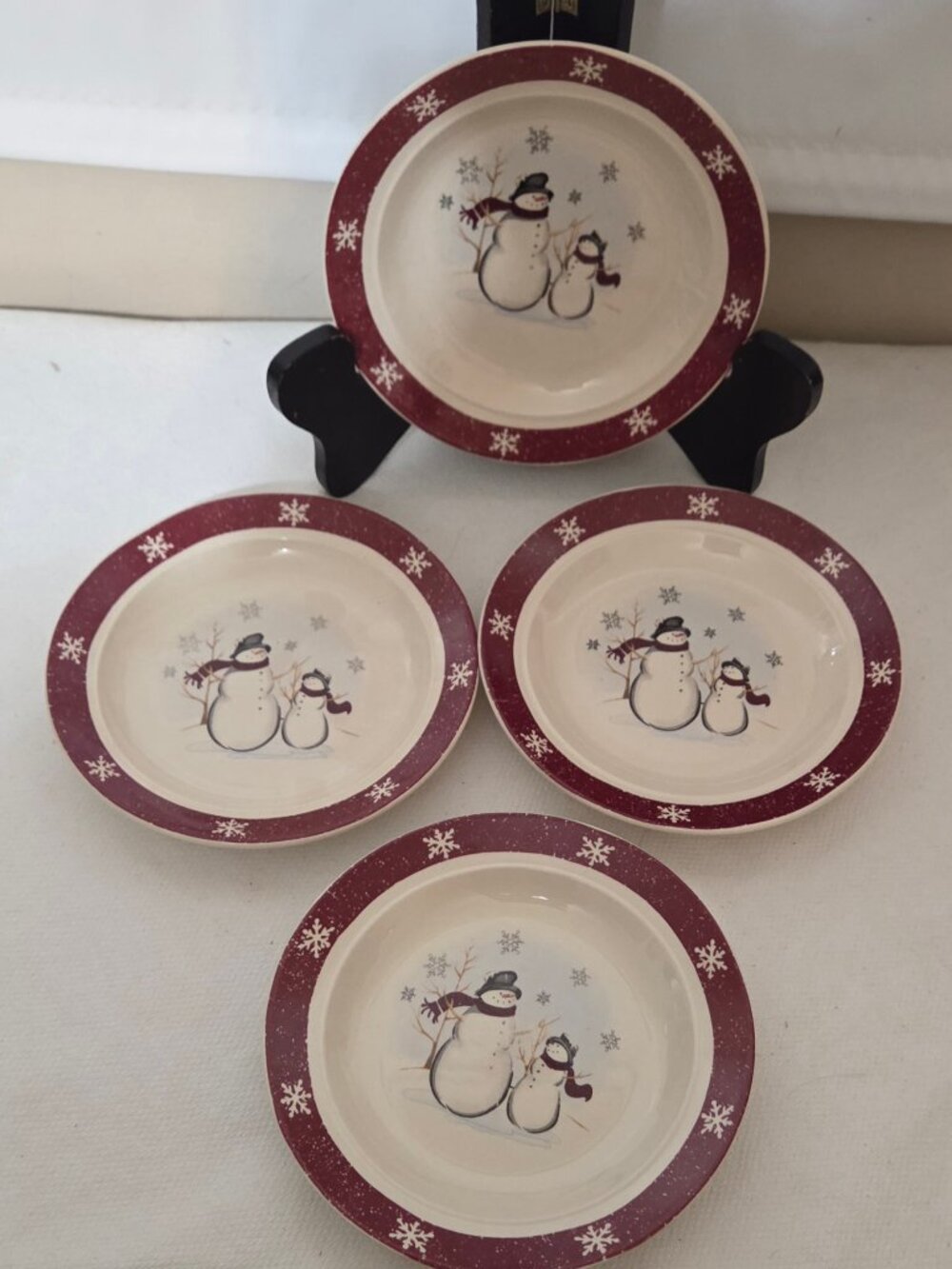 4 Pc Royal Seasons Stoneware Snowman Bread Plates Red Holiday Christmas